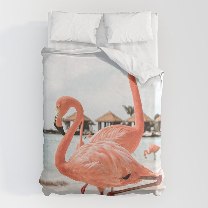 Pink Flamingos On Aruba Island Art Photo | Caribbean Beach Wall Print | Tropical Travel Photography Duvet Cover Gallery Image 6