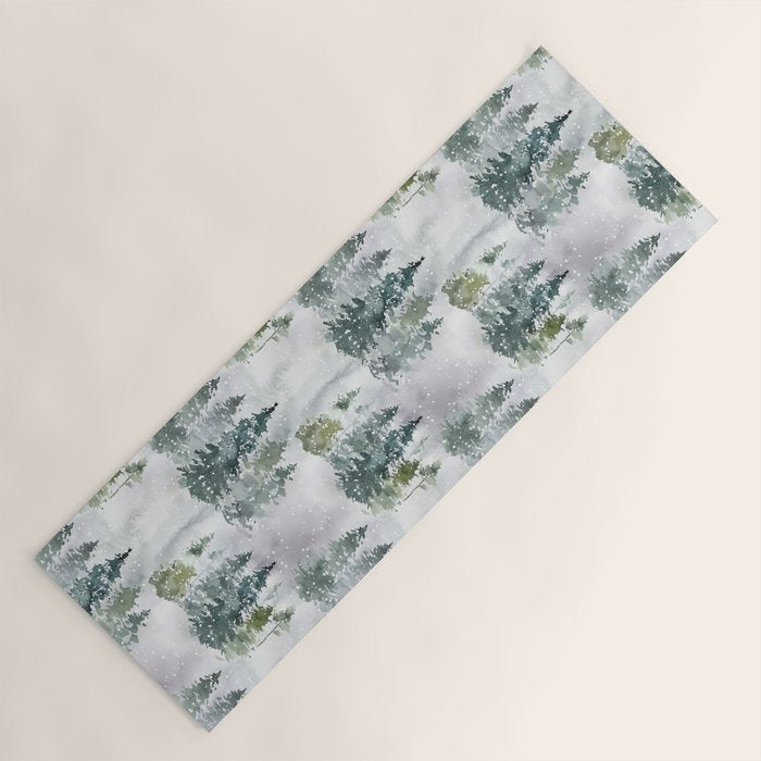 Watercolor forest green snow Christmas pine tree Yoga Mat Gallery Image 1