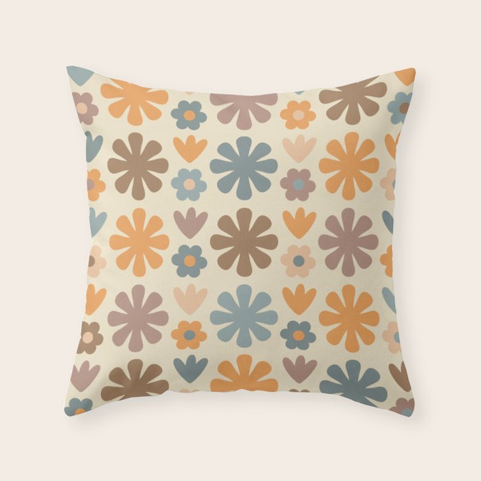 Scandi Floral Grid Retro Flower Pattern in Muted Orange, Slate Blue, Brown, Taupe, and Beige  Throw Pillow Gallery Image 1