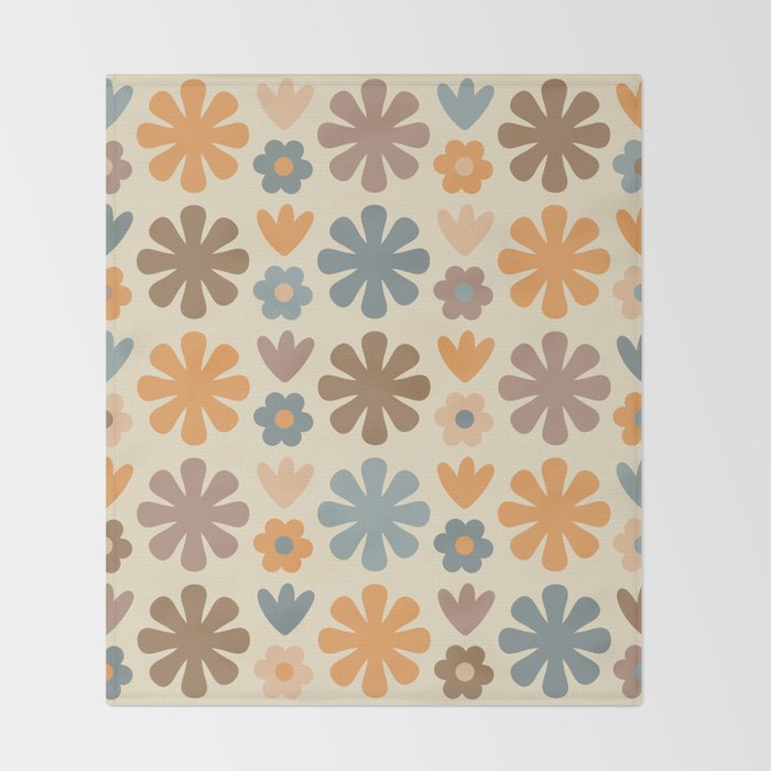Scandi Floral Grid Retro Flower Pattern in Muted Orange, Slate Blue, Brown, Taupe, and Beige  Throw Blanket Gallery Image 2
