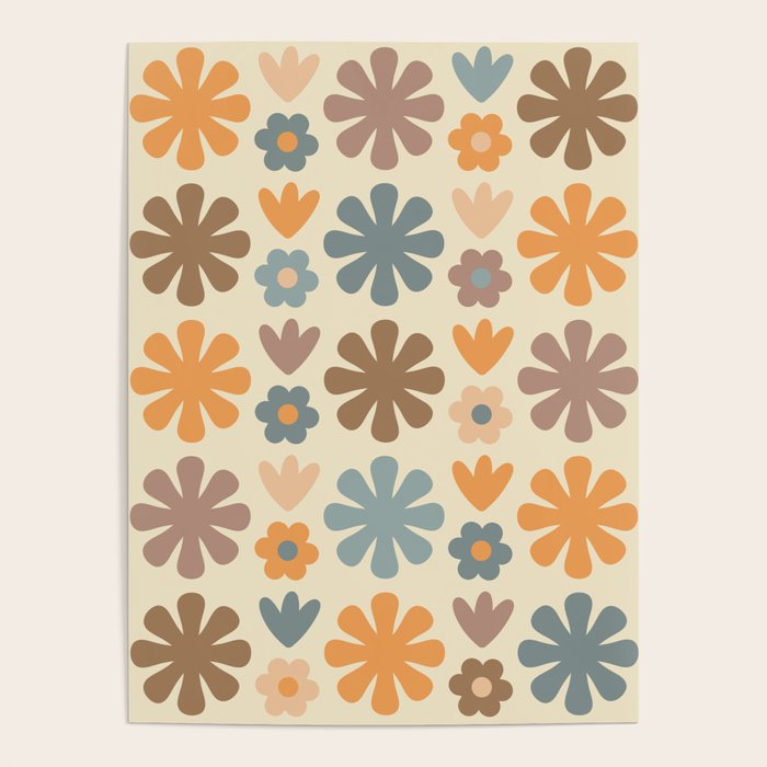 Scandi Floral Grid Retro Flower Pattern in Muted Orange, Slate Blue, Brown, Taupe, and Beige  Poster Gallery Image 4