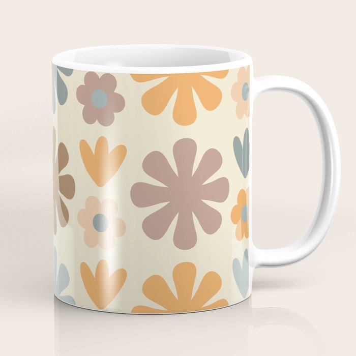 Scandi Floral Grid Retro Flower Pattern in Muted Orange, Slate Blue, Brown, Taupe, and Beige  Coffee Mug Gallery Image 1