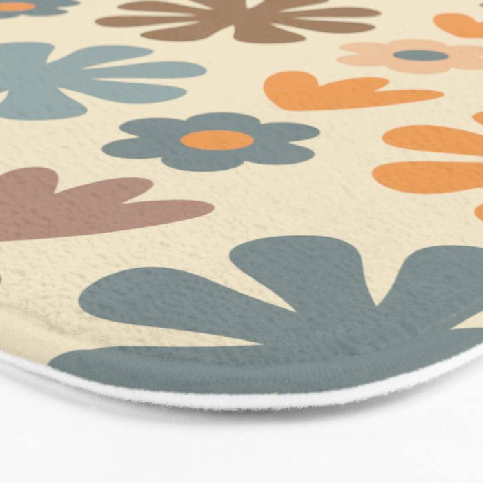 Scandi Floral Grid Retro Flower Pattern in Muted Orange, Slate Blue, Brown, Taupe, and Beige  Bath Mat Gallery Image 3