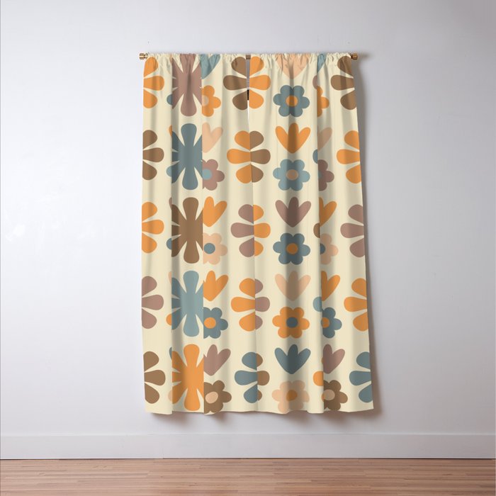 Scandi Floral Grid Retro Flower Pattern in Muted Orange, Slate Blue, Brown, Taupe, and Beige  Window Curtain Gallery Image 3