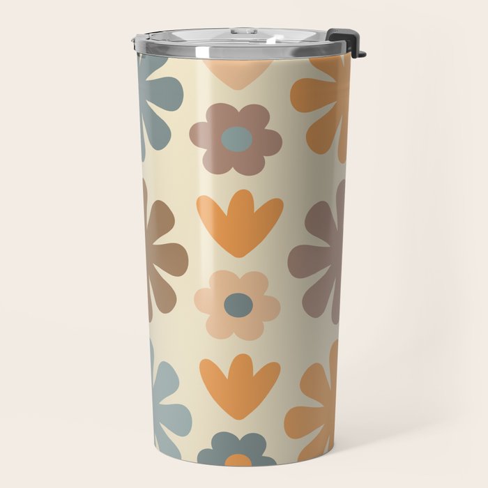 Scandi Floral Grid Retro Flower Pattern in Muted Orange, Slate Blue, Brown, Taupe, and Beige  Travel Mug Gallery Image 2
