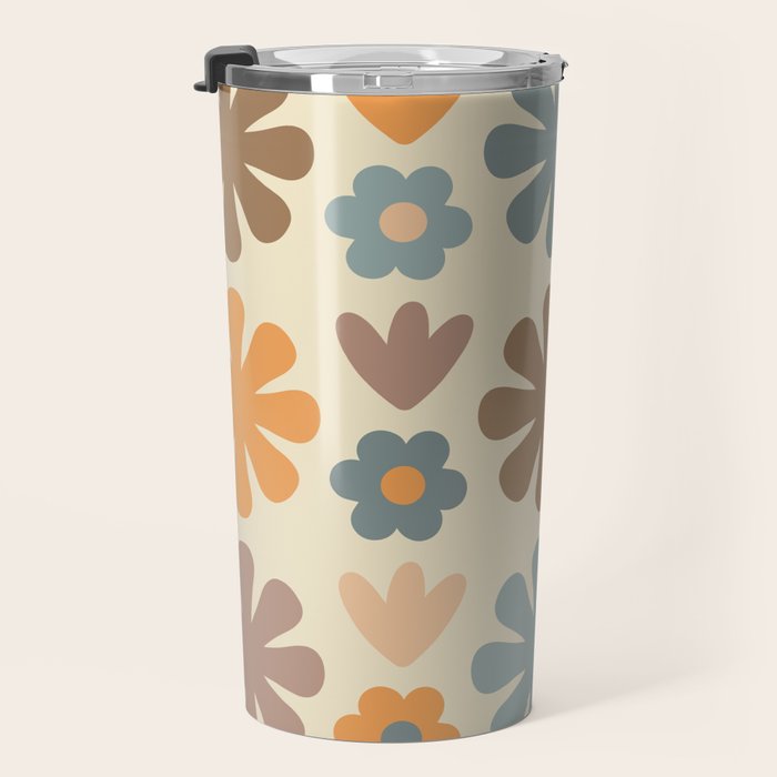 Scandi Floral Grid Retro Flower Pattern in Muted Orange, Slate Blue, Brown, Taupe, and Beige  Travel Mug Gallery Image 3