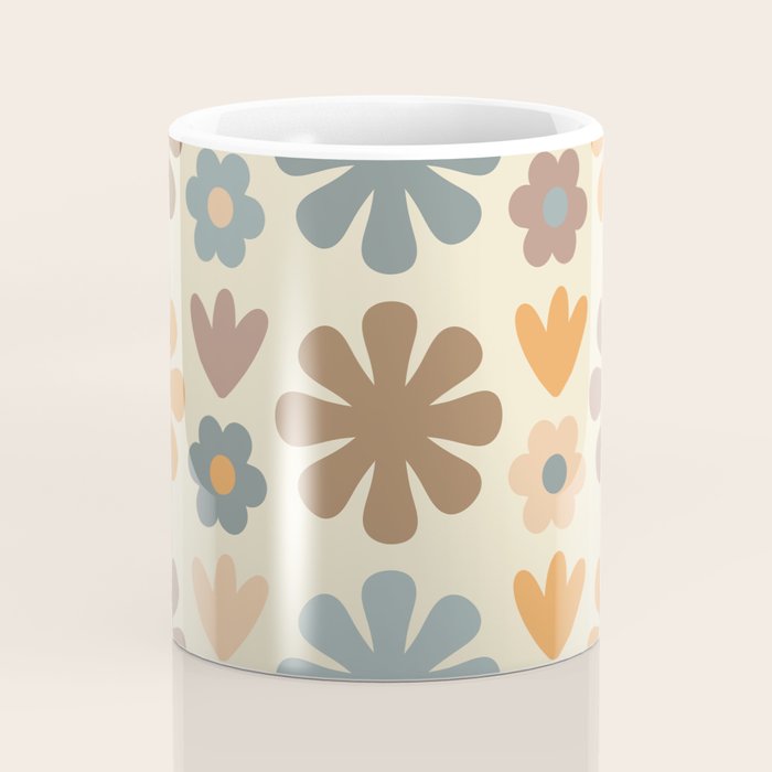 Scandi Floral Grid Retro Flower Pattern in Muted Orange, Slate Blue, Brown, Taupe, and Beige  Coffee Mug Gallery Image 4
