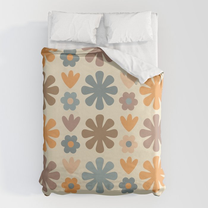 Scandi Floral Grid Retro Flower Pattern in Muted Orange, Slate Blue, Brown, Taupe, and Beige  Duvet Cover Gallery Image 6