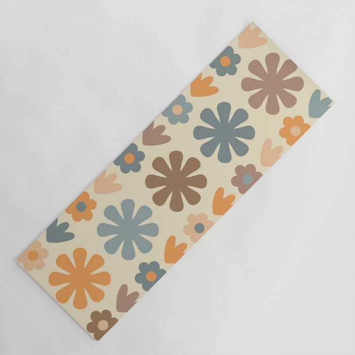 Scandi Floral Grid Retro Flower Pattern in Muted Orange, Slate Blue, Brown, Taupe, and Beige  Yoga Mat Gallery Image 1
