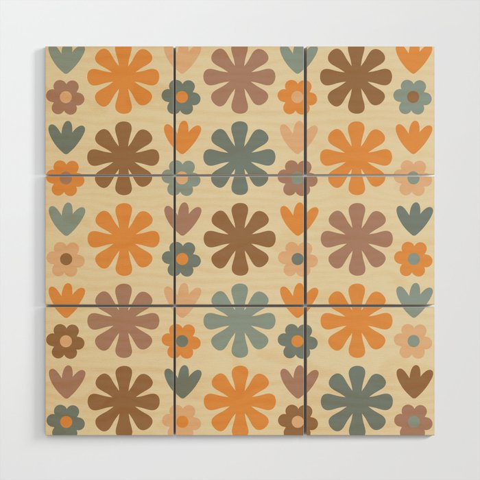 Scandi Floral Grid Retro Flower Pattern in Muted Orange, Slate Blue, Brown, Taupe, and Beige  Wood Wall Art Gallery Image 1