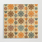 Scandi Floral Grid Retro Flower Pattern in Muted Orange, Slate Blue, Brown, Taupe, and Beige  Wood Wall Art Gallery Image 1