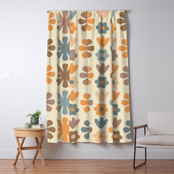 Scandi Floral Grid Retro Flower Pattern in Muted Orange, Slate Blue, Brown, Taupe, and Beige  Window Curtain Gallery Image 5