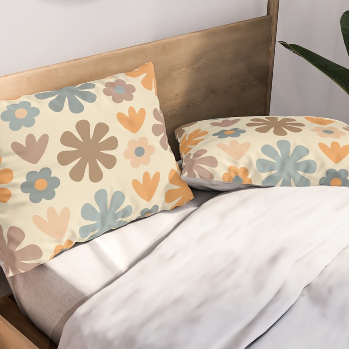Scandi Floral Grid Retro Flower Pattern in Muted Orange, Slate Blue, Brown, Taupe, and Beige  Pillow Sham Gallery Image 2