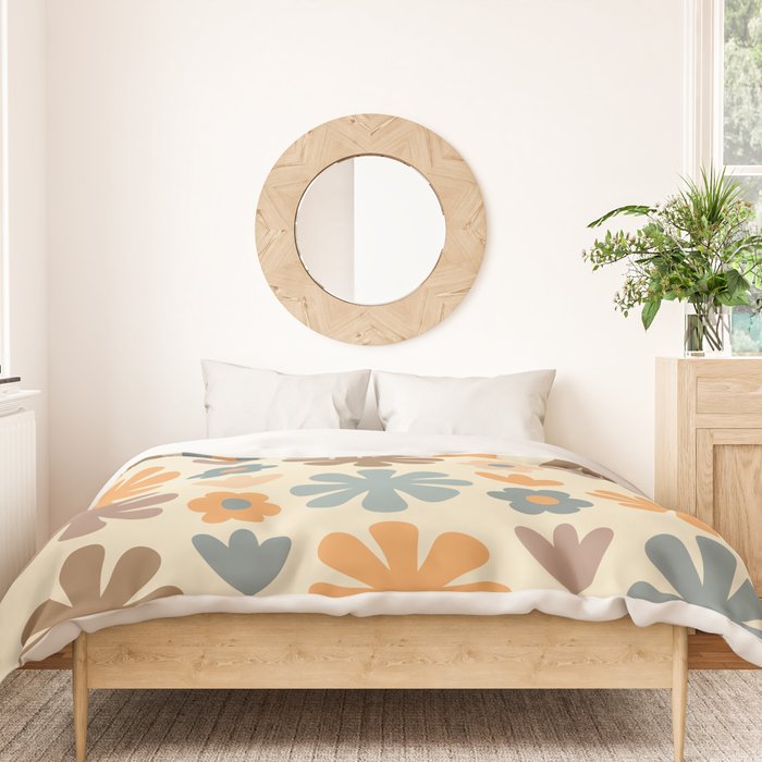 Scandi Floral Grid Retro Flower Pattern in Muted Orange, Slate Blue, Brown, Taupe, and Beige  Duvet Cover Gallery Image 3