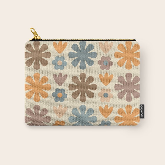 Scandi Floral Grid Retro Flower Pattern in Muted Orange, Slate Blue, Brown, Taupe, and Beige  Carry All Pouch Gallery Image 1