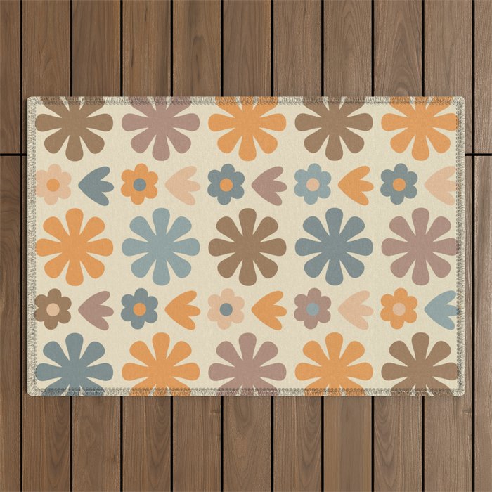 Scandi Floral Grid Retro Flower Pattern in Muted Orange, Slate Blue, Brown, Taupe, and Beige  Outdoor Rug Gallery Image 1