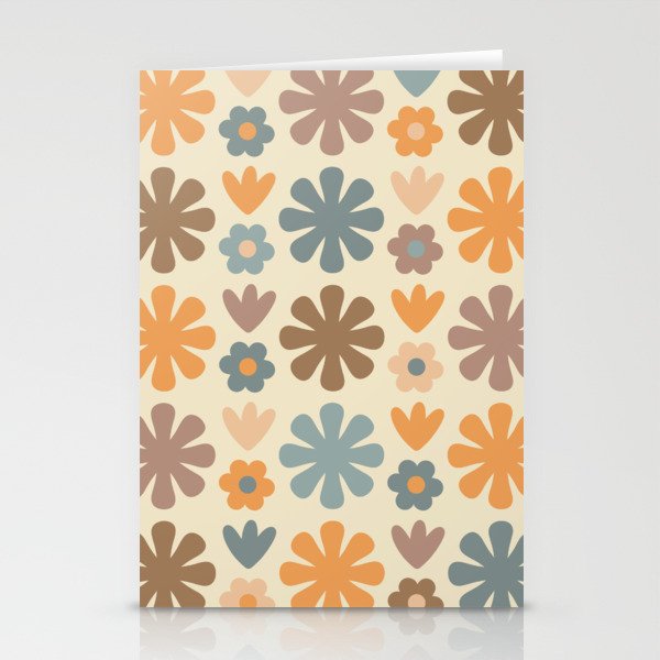 Scandi Floral Grid Retro Flower Pattern in Muted Orange, Slate Blue, Brown, Taupe, and Beige  Stationery Card Gallery Image 2