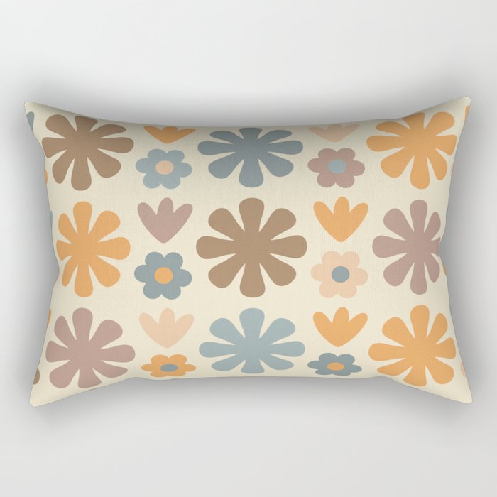 Scandi Floral Grid Retro Flower Pattern in Muted Orange, Slate Blue, Brown, Taupe, and Beige  Rectangular Pillow Gallery Image 2