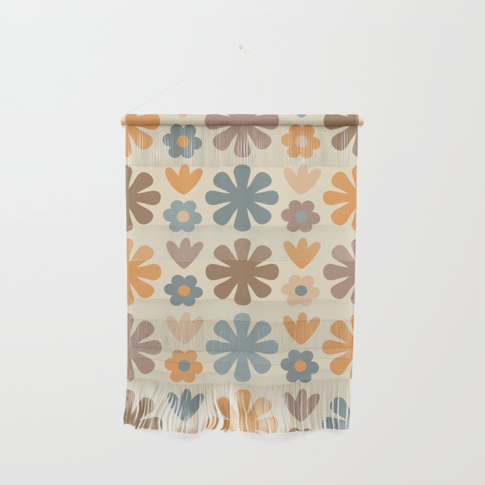 Scandi Floral Grid Retro Flower Pattern in Muted Orange, Slate Blue, Brown, Taupe, and Beige  Wall Hanging Gallery Image 1