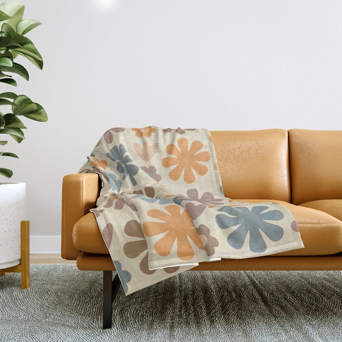 Scandi Floral Grid Retro Flower Pattern in Muted Orange, Slate Blue, Brown, Taupe, and Beige  Throw Blanket Gallery Image 1