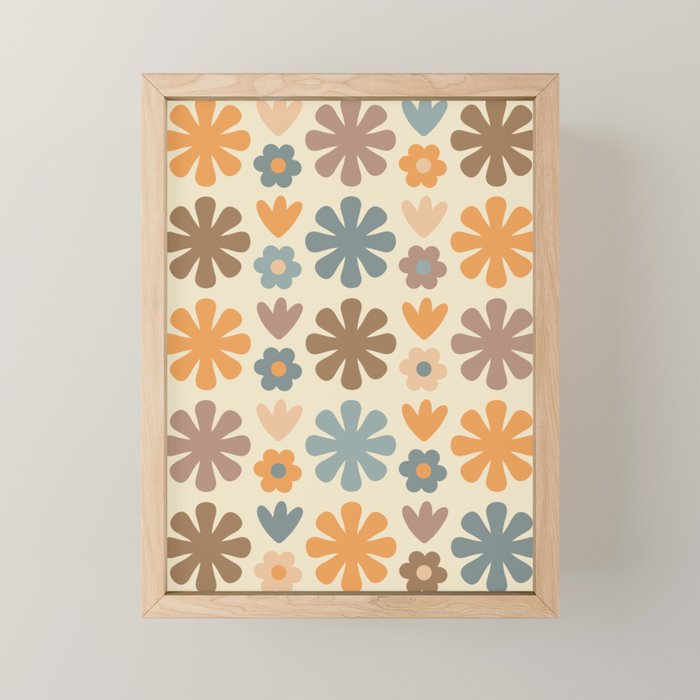 Scandi Floral Grid Retro Flower Pattern in Muted Orange, Slate Blue, Brown, Taupe, and Beige  Mini Art Print Gallery Image 1