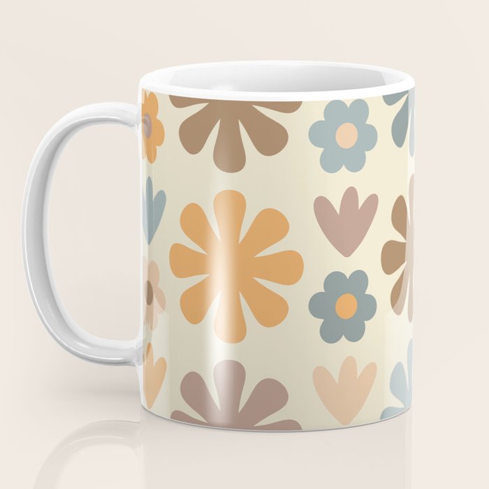 Scandi Floral Grid Retro Flower Pattern in Muted Orange, Slate Blue, Brown, Taupe, and Beige  Coffee Mug Gallery Image 3