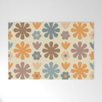 Scandi Floral Grid Retro Flower Pattern in Muted Orange, Slate Blue, Brown, Taupe, and Beige  Welcome Mat Gallery Image 1