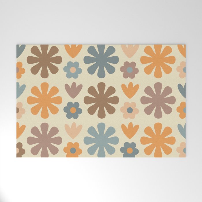 Scandi Floral Grid Retro Flower Pattern in Muted Orange, Slate Blue, Brown, Taupe, and Beige  Welcome Mat Gallery Image 1