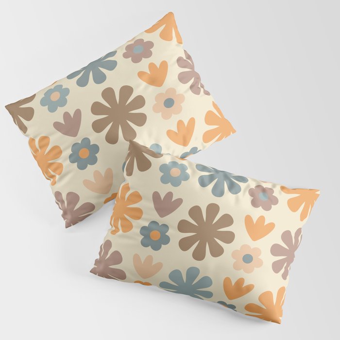 Scandi Floral Grid Retro Flower Pattern in Muted Orange, Slate Blue, Brown, Taupe, and Beige  Pillow Sham Gallery Image 1