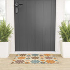 Scandi Floral Grid Retro Flower Pattern in Muted Orange, Slate Blue, Brown, Taupe, and Beige  Welcome Mat Gallery Image 3