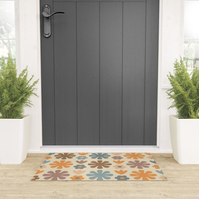 Scandi Floral Grid Retro Flower Pattern in Muted Orange, Slate Blue, Brown, Taupe, and Beige  Welcome Mat Gallery Image 3