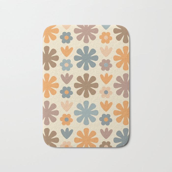 Scandi Floral Grid Retro Flower Pattern in Muted Orange, Slate Blue, Brown, Taupe, and Beige  Bath Mat Gallery Image 1