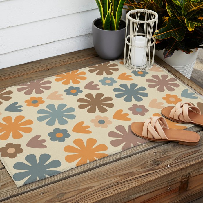 Scandi Floral Grid Retro Flower Pattern in Muted Orange, Slate Blue, Brown, Taupe, and Beige  Outdoor Rug Gallery Image 2