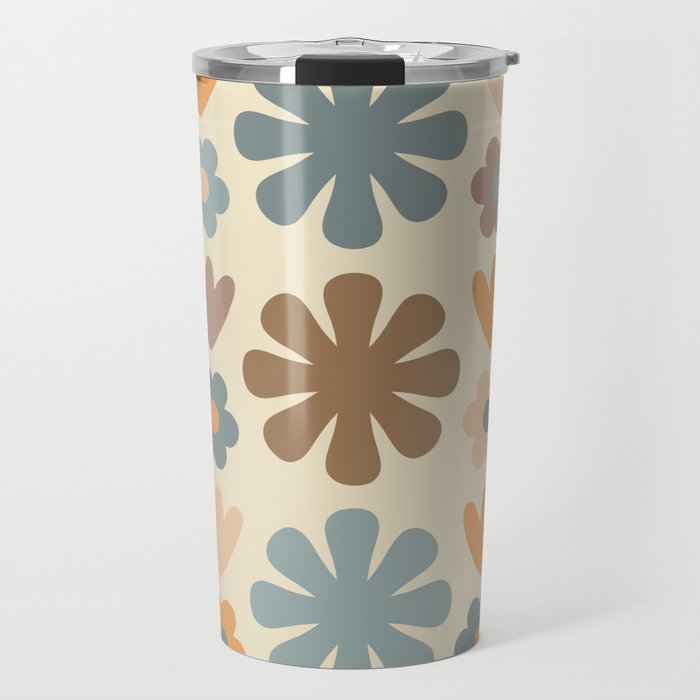 Scandi Floral Grid Retro Flower Pattern in Muted Orange, Slate Blue, Brown, Taupe, and Beige  Travel Mug Gallery Image 1