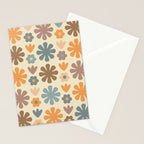 Scandi Floral Grid Retro Flower Pattern in Muted Orange, Slate Blue, Brown, Taupe, and Beige  Stationery Card Gallery Image 2