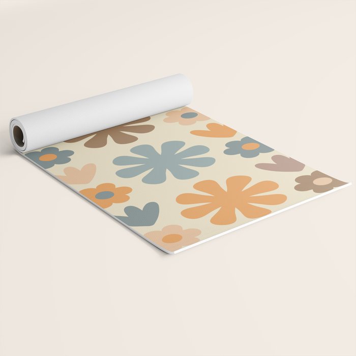 Scandi Floral Grid Retro Flower Pattern in Muted Orange, Slate Blue, Brown, Taupe, and Beige  Yoga Mat Gallery Image 2