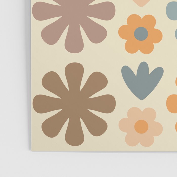 Scandi Floral Grid Retro Flower Pattern in Muted Orange, Slate Blue, Brown, Taupe, and Beige  Poster Gallery Image 3