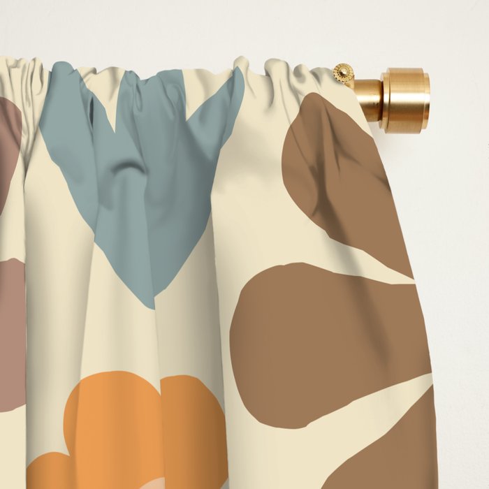 Scandi Floral Grid Retro Flower Pattern in Muted Orange, Slate Blue, Brown, Taupe, and Beige  Window Curtain Gallery Image 2