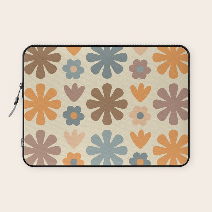 Scandi Floral Grid Retro Flower Pattern in Muted Orange, Slate Blue, Brown, Taupe, and Beige  Laptop Sleeve Gallery Image 1