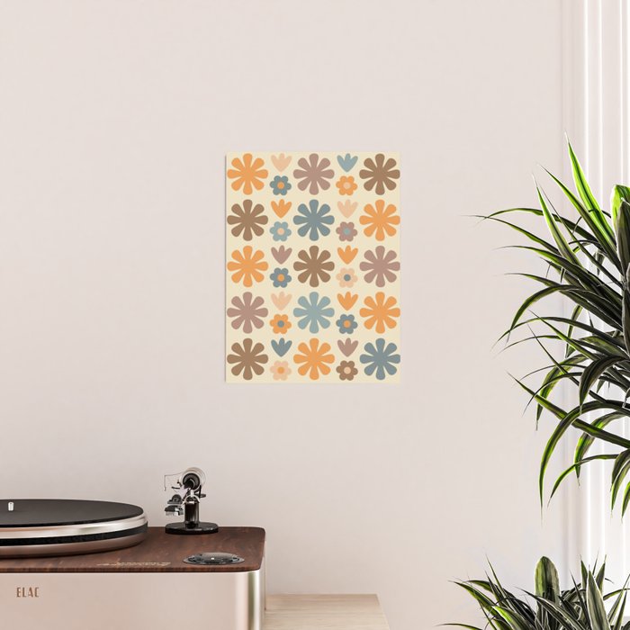 Scandi Floral Grid Retro Flower Pattern in Muted Orange, Slate Blue, Brown, Taupe, and Beige  Poster Gallery Image 2