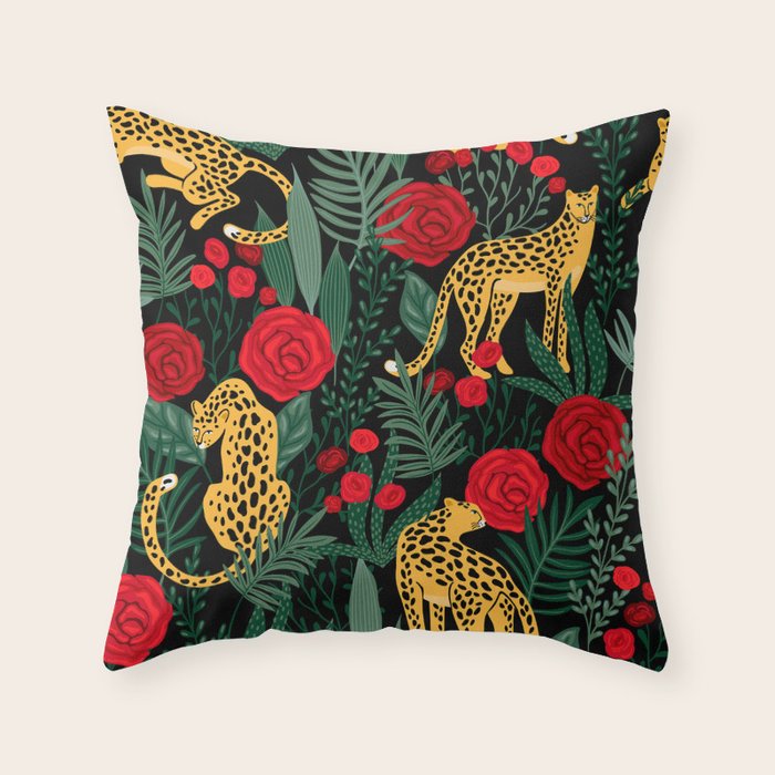 Leopards & Roses Pattern Throw Pillow Gallery Image 1