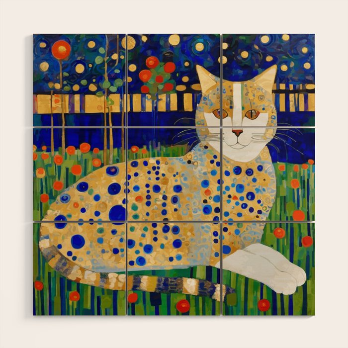 Klimt Tabby Cat in Midnight Garden Wood Wall Art Gallery Image 1