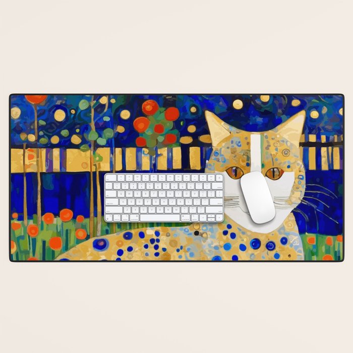 Klimt Tabby Cat in Midnight Garden Desk Mat Gallery Image 1