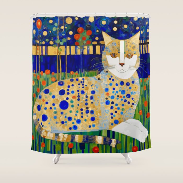 Klimt Tabby Cat in Midnight Garden Shower Curtain Gallery Image 1