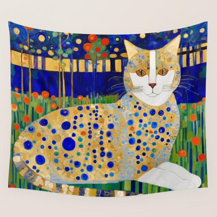 Klimt Tabby Cat in Midnight Garden Wall Tapestry Gallery Image 4