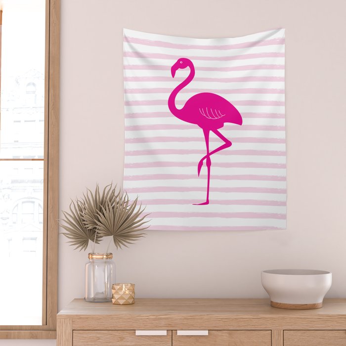 Flamingo & Stripes - Blush Hot Pink Wall Tapestry Gallery Image 2