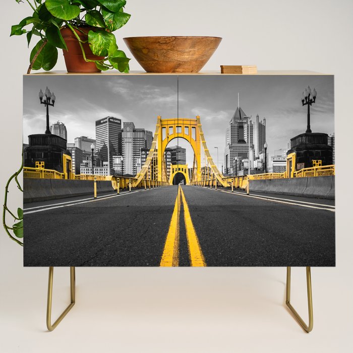 Pittsburgh Pennsylvania Steel City Skyline Bridge Black And White Photography Print Credenza Gallery Image 1