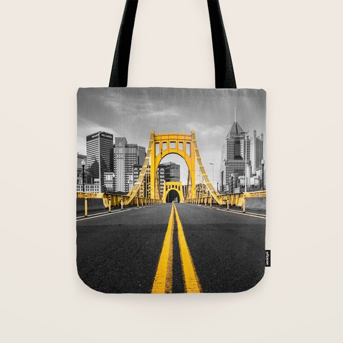 Pittsburgh Pennsylvania Steel City Skyline Bridge Black And White Photography Print Tote Bag Gallery Image 1