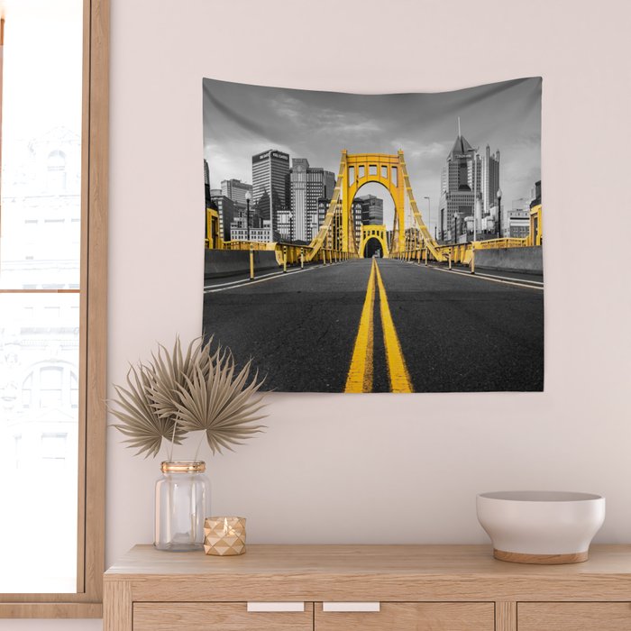 Pittsburgh Pennsylvania Steel City Skyline Bridge Black And White Photography Print Wall Tapestry Gallery Image 2