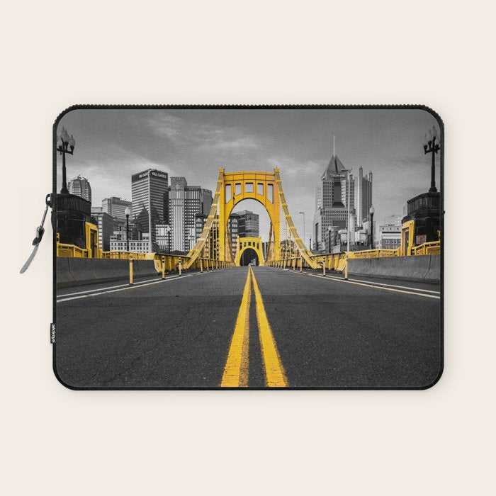 Pittsburgh Pennsylvania Steel City Skyline Bridge Black And White Photography Print Laptop Sleeve Gallery Image 1